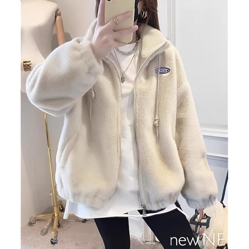 ニューネ 裏地付き ボアジャケット レディース もこもこ ふわふわ あったか ジャンバー 防風 ジップアップ トップス 厚手 アウター カジュアル 長袖 通勤 通学 あったかい 前開き ミディアム おしゃれ かわいい 防寒 シンプル ゆったり 1