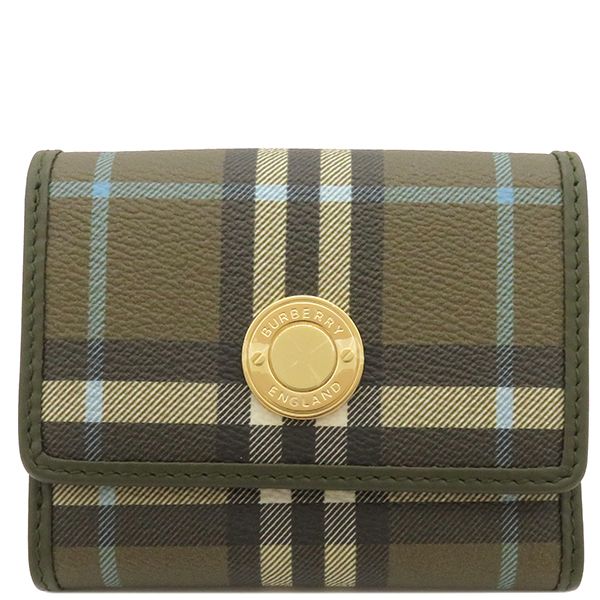 バーバリー BURBERRY 三つ折り財布 ランカスターヴィンテージチェック ウォレット コーティングキャンバス レザー マルチカラー ゴールド金具 カーキ コンパクト  8073903 【保存袋】【中古】