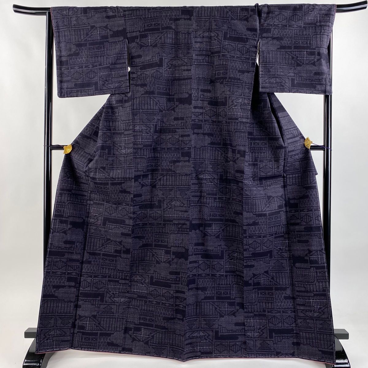 美品】 結城紬 身丈168.5cm 裄丈67cm M 袷 本場結城紬 証紙 雲文 亀甲