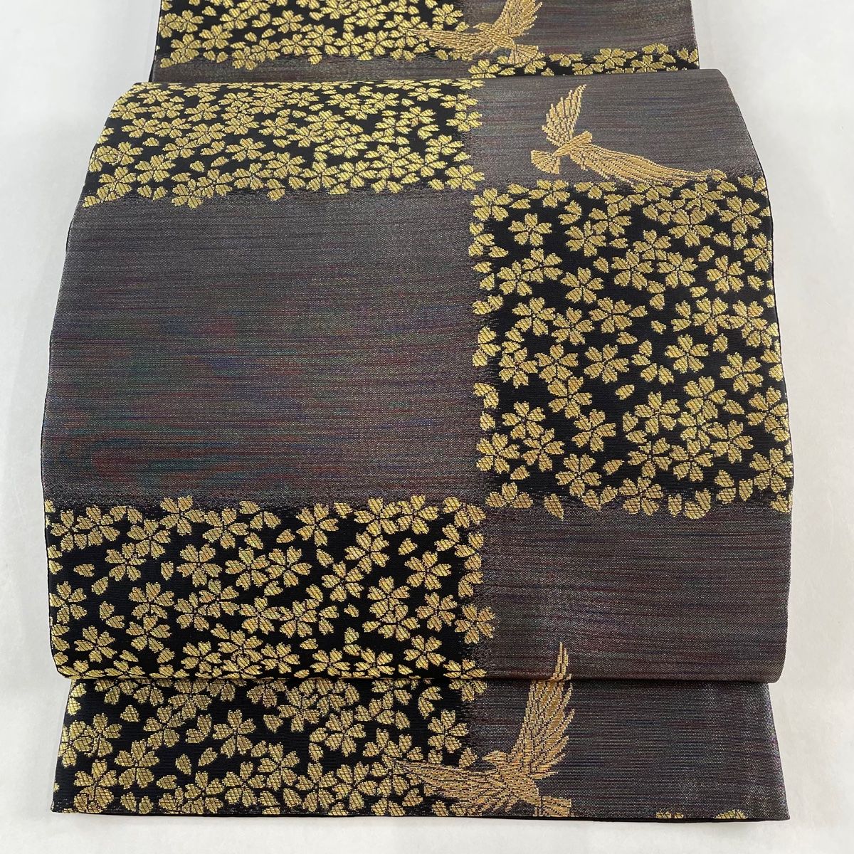 袋帯 美品 名品 斉藤三才 落款 桜 鳥 金糸 ラメ糸 灰紫 六通 正絹  