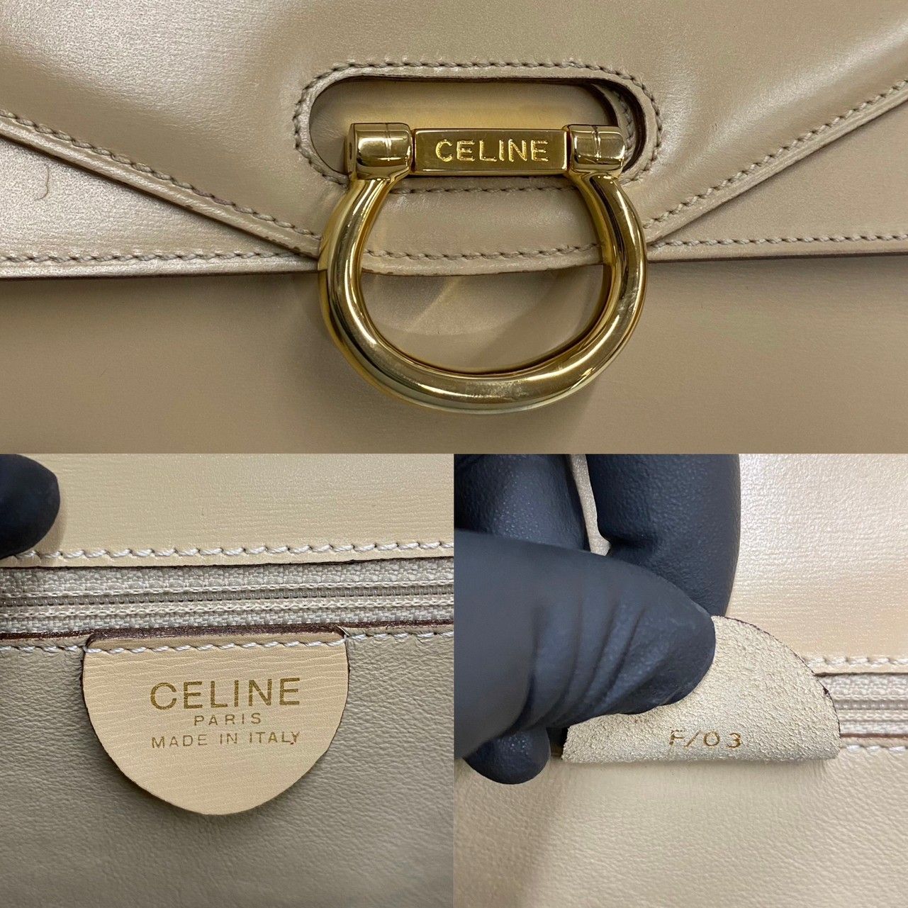 極 美品 レア品 CELINE セリーヌ ヴィンテージ ロゴ 金具 カーフレザー 本革 ハンドバッグ ミニ トートバッグ ベージュ 27557