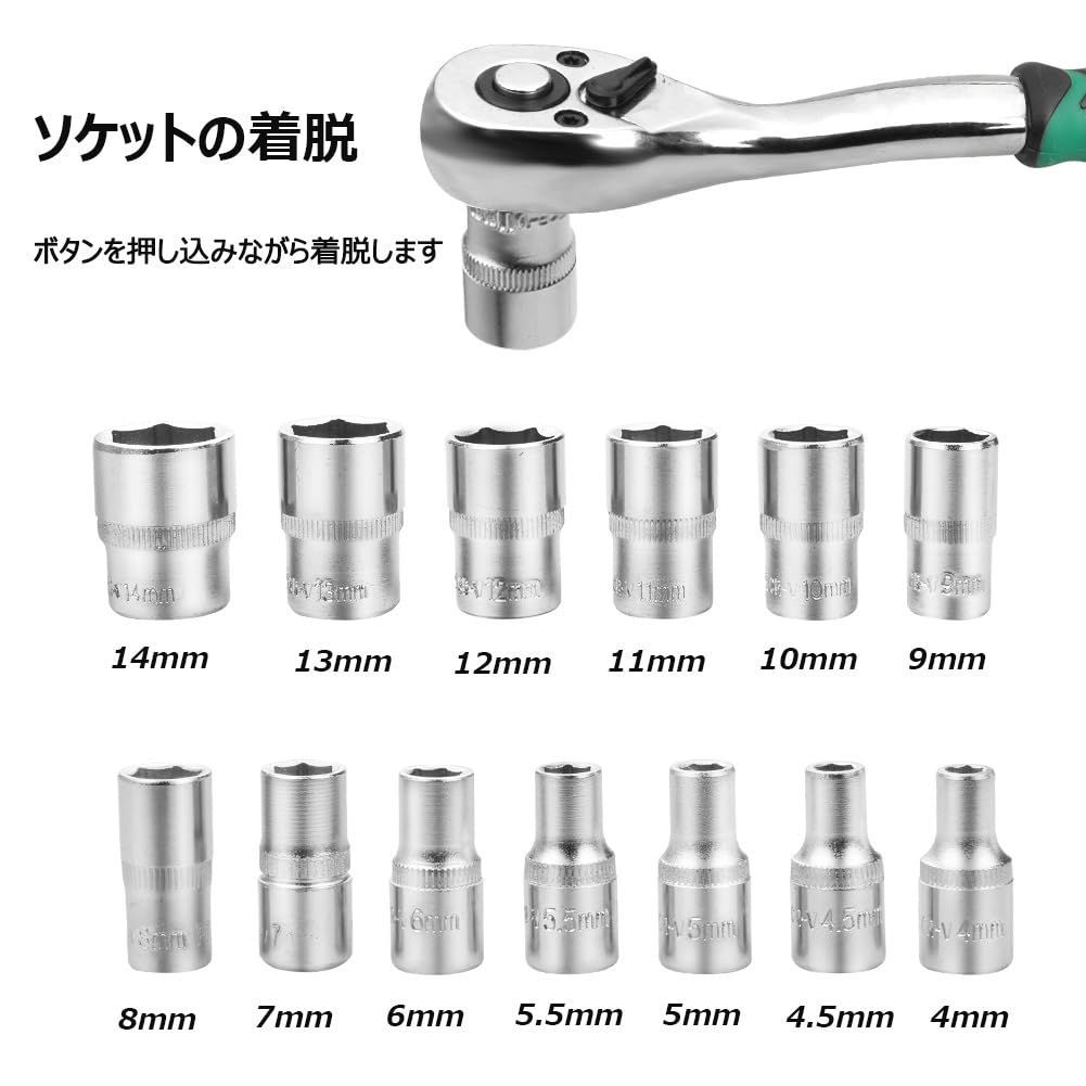 PPRROFORCE ソケットレンチセット ラチェットレンチ 差込角6.35mm（1/4インチ) 六角ソケット+ドライバー 作業セット 車やバイク整備用工具 46点組 収納ケース付き