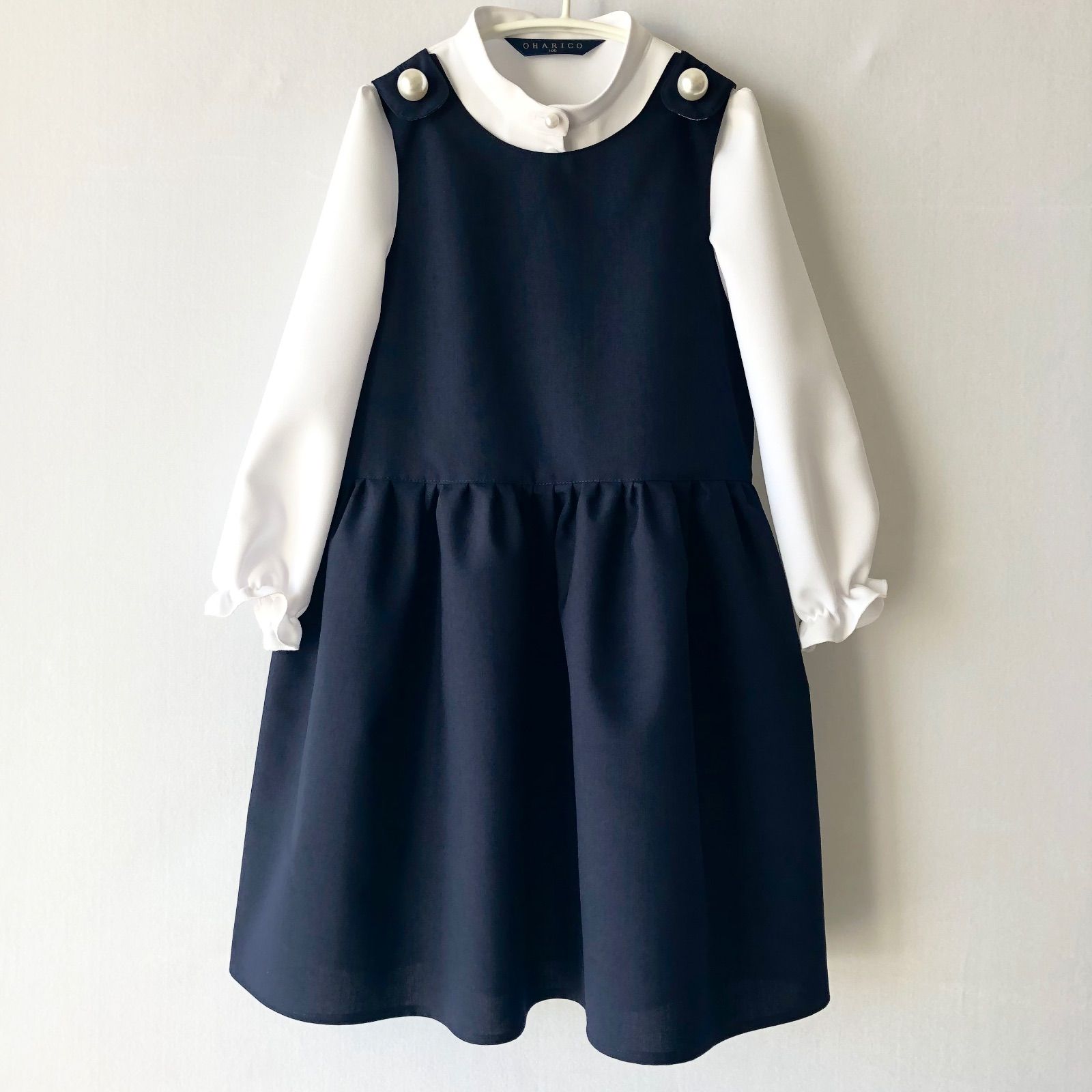 【3wayフォーマルコーデセット】大きなパールボタンのよそゆきワンピース【ネイビー/子ども服/スタンドカラーシャツブラウス/リボン/ジャボ】