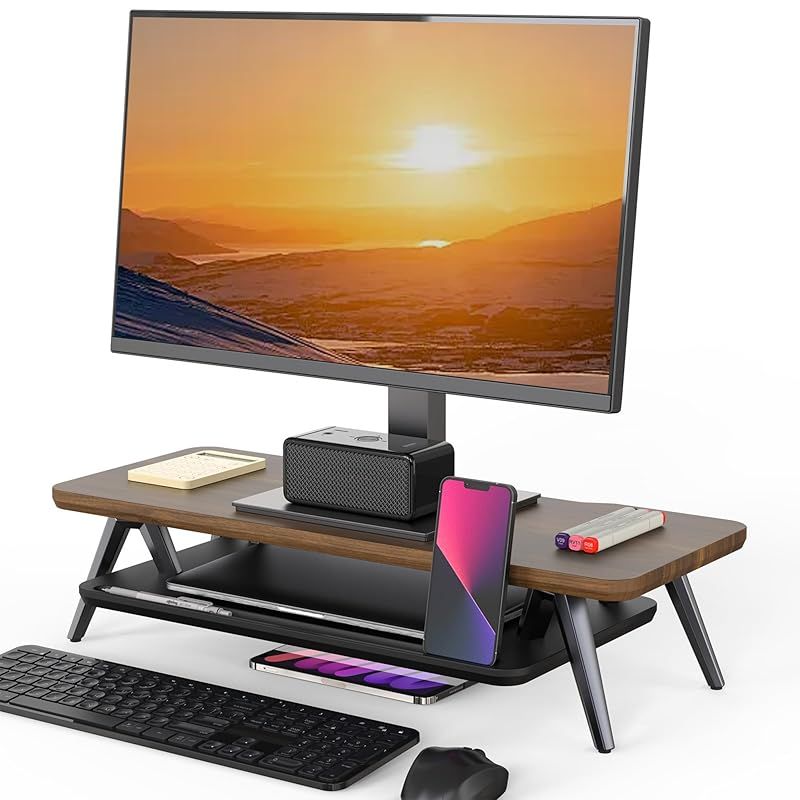 Fenge モニター台 机上台パソコン台 机上ラック 2段 木製天板 アルミニウム製脚 デスクトップ用 机上 モニタースタンド 机上台 pcモニター台 パソコンラック 卓上 収納 整理整頓 ブラウン＆黒 幅60cm 0