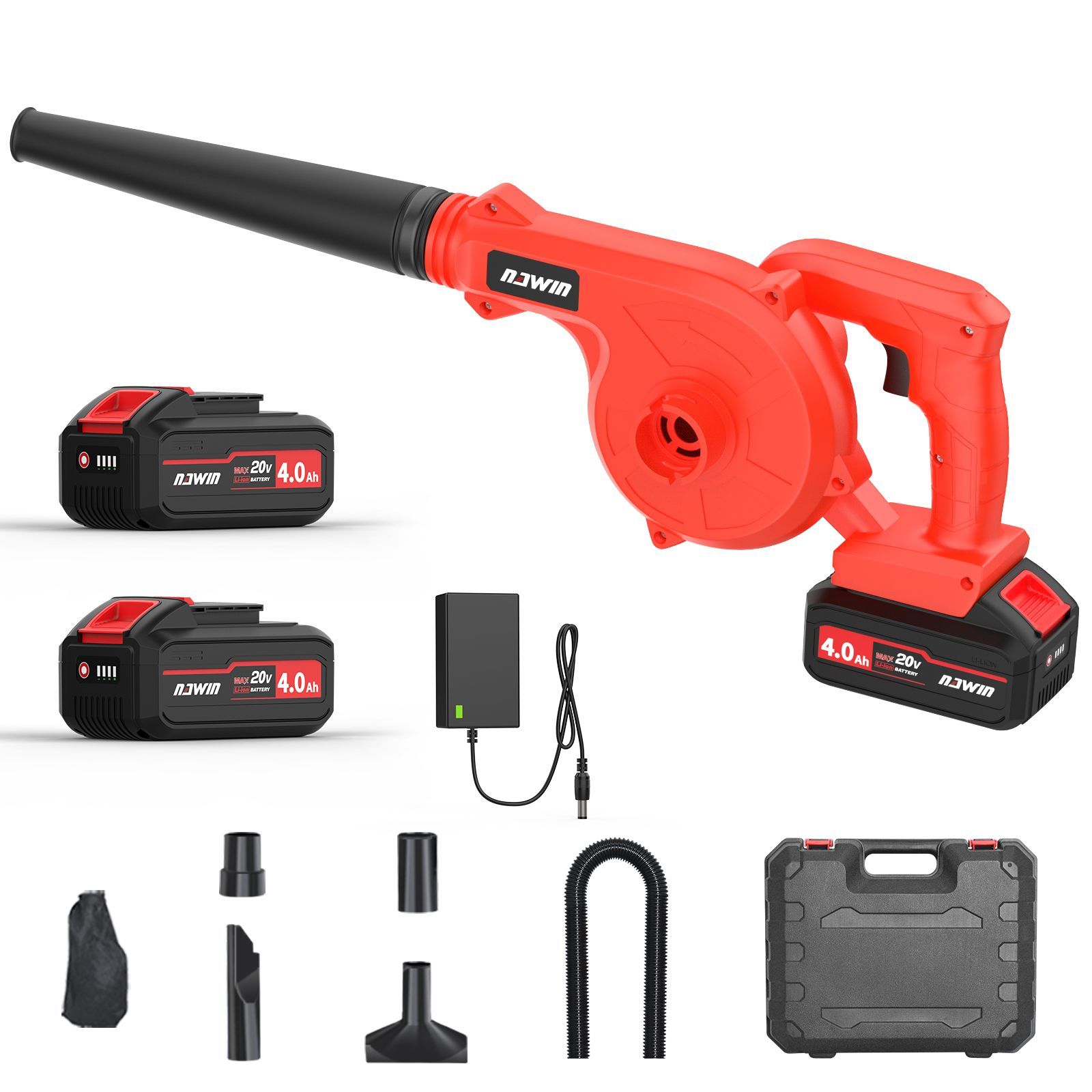 ナウィン ブロワー 20V 充電式ブロワ 4.0Ahバッテリー2個付 コードレス 無段階風量変速 送風機 集塵機 落ち葉払い 水滴飛ばし 豊富な 取扱説明書 収納ケース付
