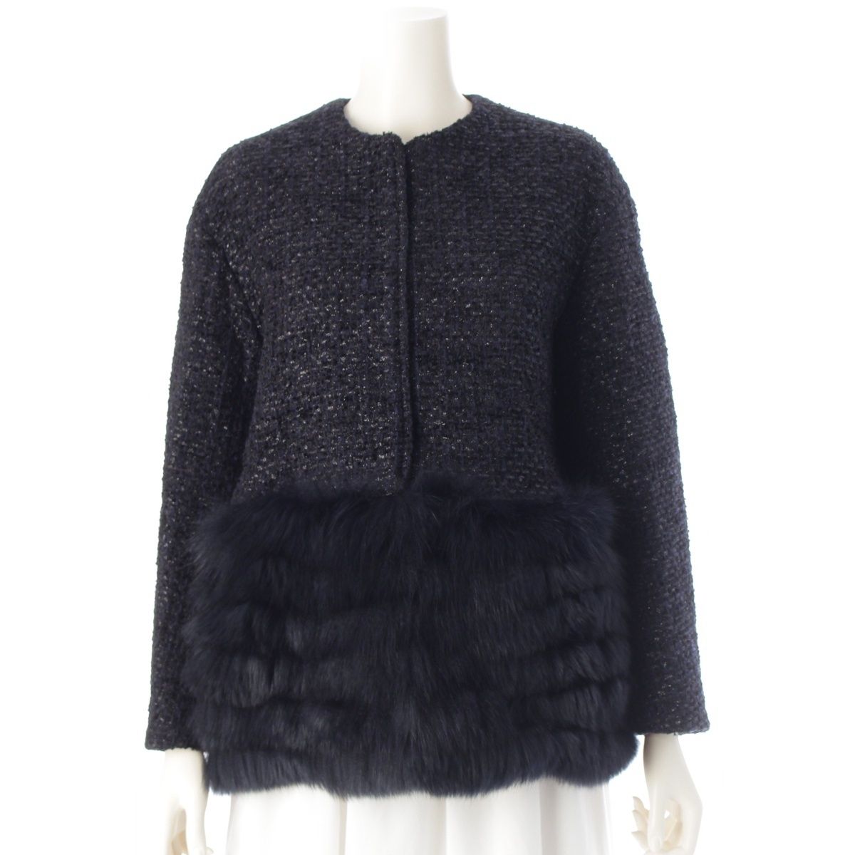 ドゥロワー 22AW ウール ナイロン コットン WINTER2 長袖 ラメツイード フォックスファー ノーカラージャケット アウター 6522-234-0737 ネイビー ブラック 36