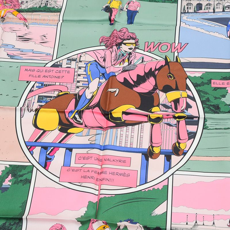 エルメス カレ90 スカーフ WOW アメコミ ローズ/ヴェール ダブル