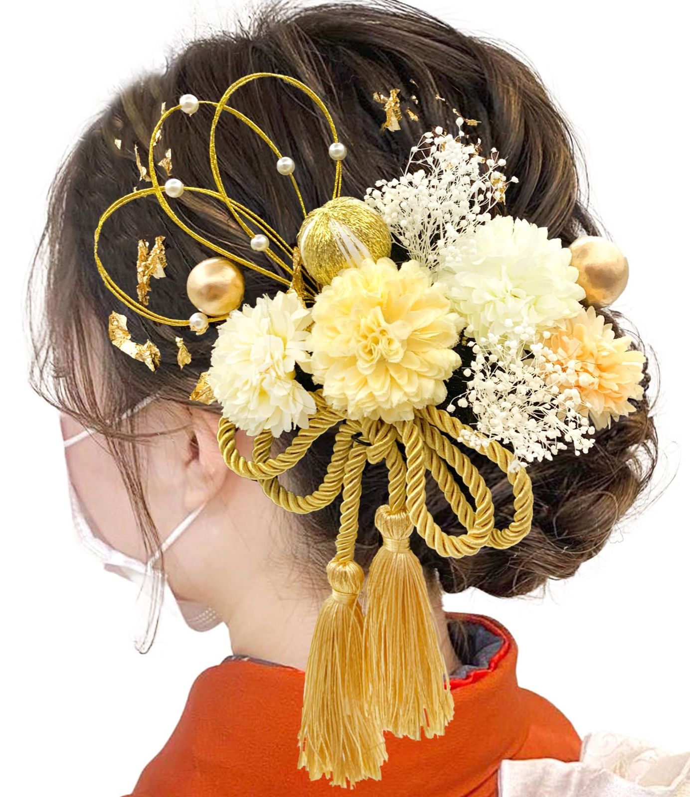 【在庫処分】卒業式 結婚式 和装 振袖 水引 飾り 着物 袴 かすみ草 浴衣 七五三 造花 成人式 ドライフラワー 手作りかわいい 紐 ピンポンマム F36100 髪飾り【6色展開】 [JZOON]
