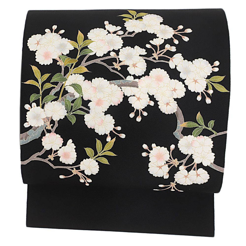 名古屋帯 九寸 九寸名古屋帯 正絹 手縫い 友禅染 黒地 花 桜 さくら サクラ 桜の木 秀美 和柄 上品 シック お仕立て上が No.6-1019