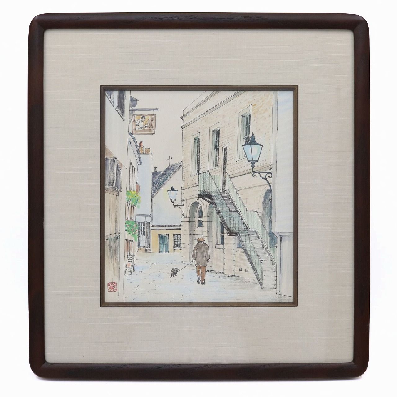 街灯の水彩画額装済み 透明水彩画 原画「ネモフィラの丘03」額縁付 ハガキサイズ 風景