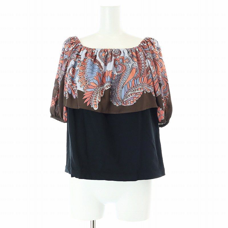 グレースコンチネンタル GRACE CONTINENTAL パフプリントトップ カットソー 半袖 総柄 36 S 黒 ブラック 茶 ブラウン /AT ■OS