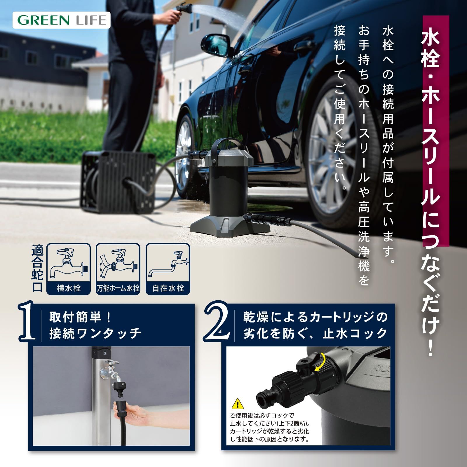 グリーンライフ GREEN LIFE 純水器 Purenish ピュアニッシュ 洗車後の拭き上げ不要 水シミの発生を防ぐ イオン交換樹脂カートリッジ1個付き ワンタッチ接続 洗車 JU-01