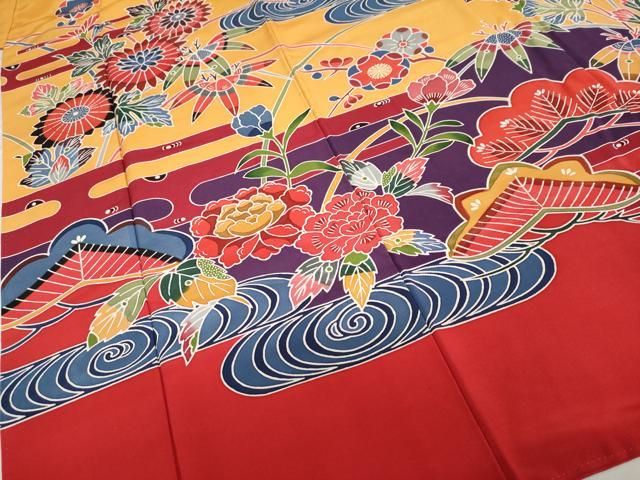 平和屋着物●豪華振袖　琉球紅型　草花文　ロング丈　正絹　逸品　DAAW5163ud 平和屋着物○豪華振袖 琉球紅型 草花文 ロング丈 正絹 逸品 DAAW5163ud