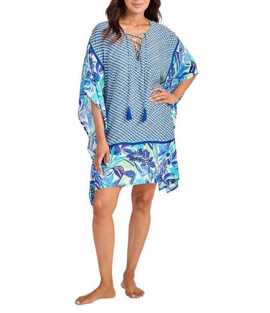 トッミーバハマ レディース ワンピース トップス Palm Modern Mosaic Lace-Up V-Neck Short Tunic Swim Cover-Up Beach Glass Blue
