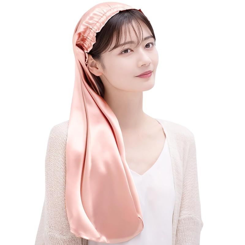 [COCOSILK] シルク ナイトキャップ ロングヘア用 シルクキャップ 筒型 ナイトキャップ ロング 髪 シルク100% 筒 ロングヘア 筒状 ヘアキャップ (75cm， Free Size， ピンク)
