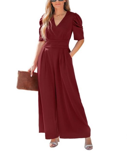 【送料無料】 カップシー レディース カジュアルパンツ ボトムス Women's Red V-Neck Wide Leg Jumpsuit Red