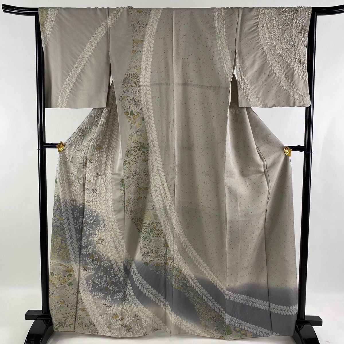 訪問着 美品 名品 草花 藤 絞り 金通し 灰色 袷 身丈165cm 裄丈65.5cm