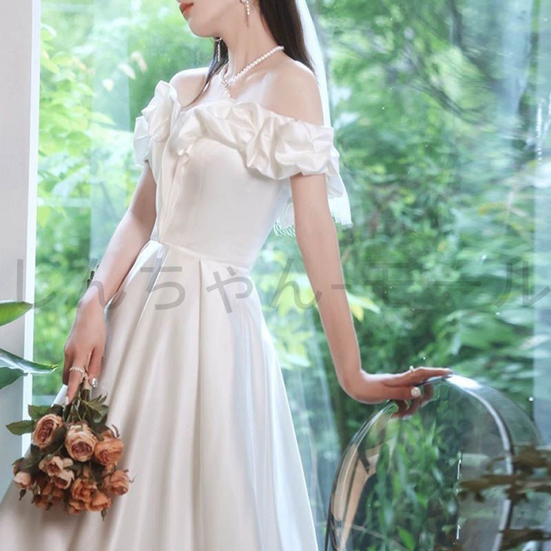 新品未使用ウェディングドレス 結婚式 披露宴 二次会 前撮り フォト ウエディングドレス パーティードレス 高級感 韓国風 オフショルダー  ウェディングドレス ミニドレス 前短後長ドレス ビスチェ ベアトップ サテン ワンピース 二次会 結婚式 前撮り ブライダル 花嫁 ... 【コスパ良!!】ウェディングドレス 肩リボン 韓国風 前撮り 二次会