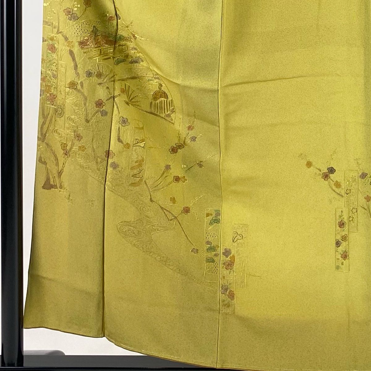 付下げ 身丈155cm 裄丈63.5cm S 袷 扇 梅 刺繍 金糸 からし色