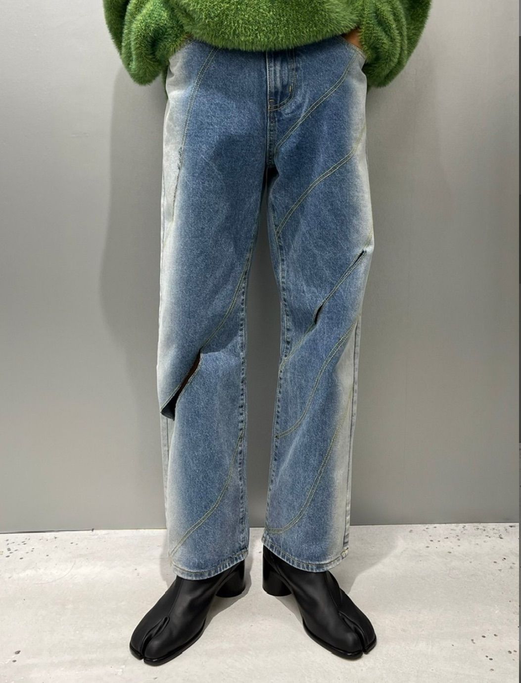 受注制【Chikashitsu +】screw stitch slit denim pants (2color 