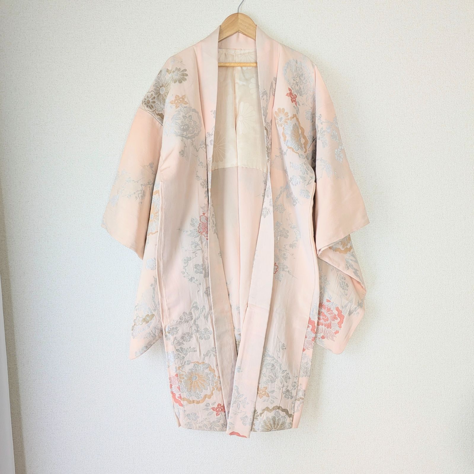 Japanese Vintage Haori Long Light Pink Floral pattern Silk Kimono 