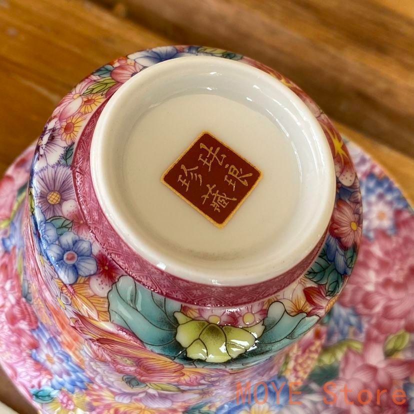 中国茶器 景徳鎮 琺瑯彩万花馬蹄三才蓋碗 茶杯 煎茶器 新品未使用