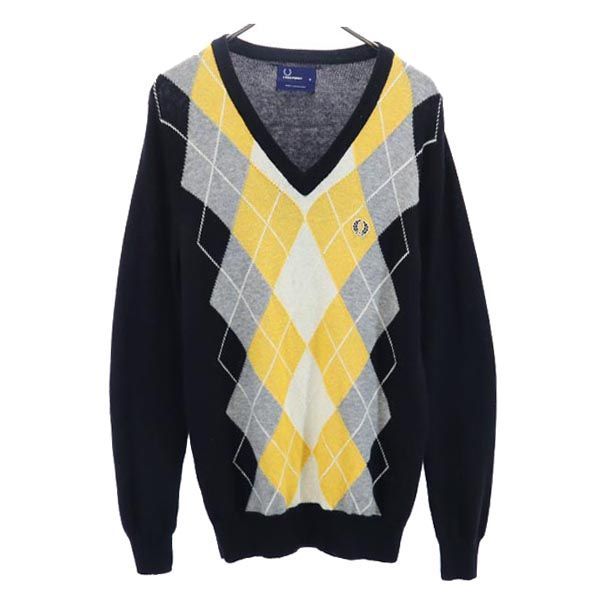 フレッドペリー アーガイル ウール100％ ニット M 黒系 FRED PERRY 
