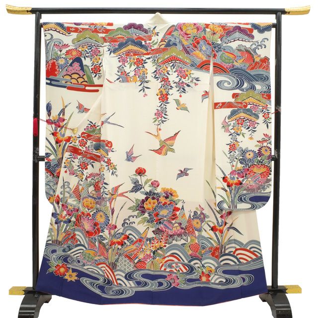 中古】 すごい値！ 振袖 リサイクル 袷 着物 正絹 京紅型 手染め