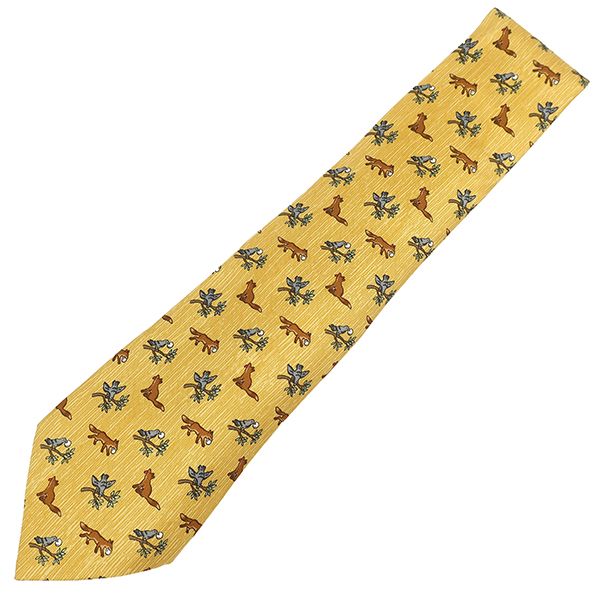 エルメス HERMES ネクタイ アニマル柄 9cm シルク イエロー×マルチカラー 黄色 グレー 緑 茶 キツネ 鳥