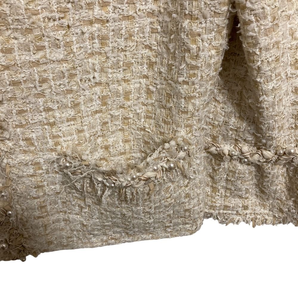 美品 Rene ルネ パール装飾 ノーカラー クロップド ツイードジャケット