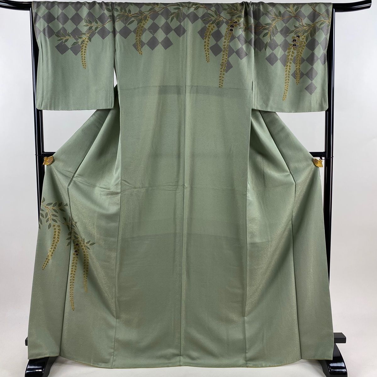 付下げ 身丈170.5cm 裄丈68.5cm L 袷 藤 変わり市松 金通し 刺繍 灰緑 正絹 秀品