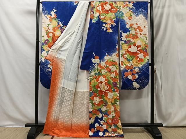 豪華振袖 金通し 駒刺繍 チューリップ 花文 暈し染め　クリーム色　正絹 平和屋着物□豪華振袖 駒刺繍 絞り 御所車鳳凰花文 暈し染め