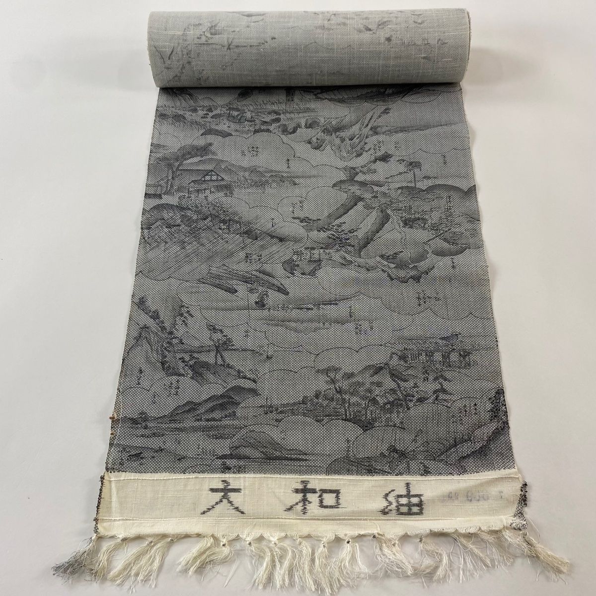 反物 秀品 小紋 紬地 雲文 風景 灰色 正絹
