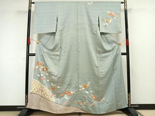 平和屋着物▽訪問着 単衣 駒刺繍 絞り 扇面花文 金彩 正絹 AAAW1406fy