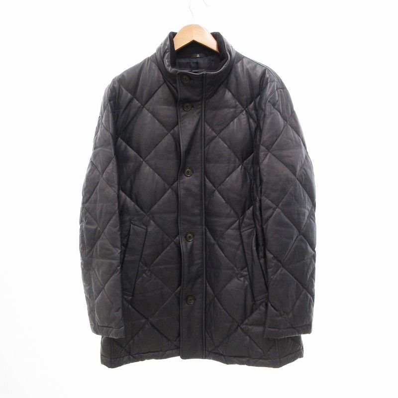 ランバン LANVIN COLLECTION 美品 キルティングダウンジャケット レザーコート ミドル丈 ジップアップ 54 XL 紺 ネイビー /JS ECO