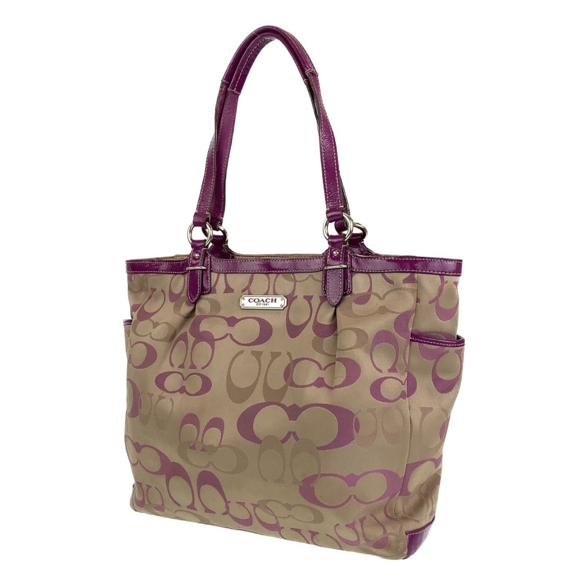 COACH コーチ シグネチャー ベージュ パープル 紫 シルバー金具 レザー 