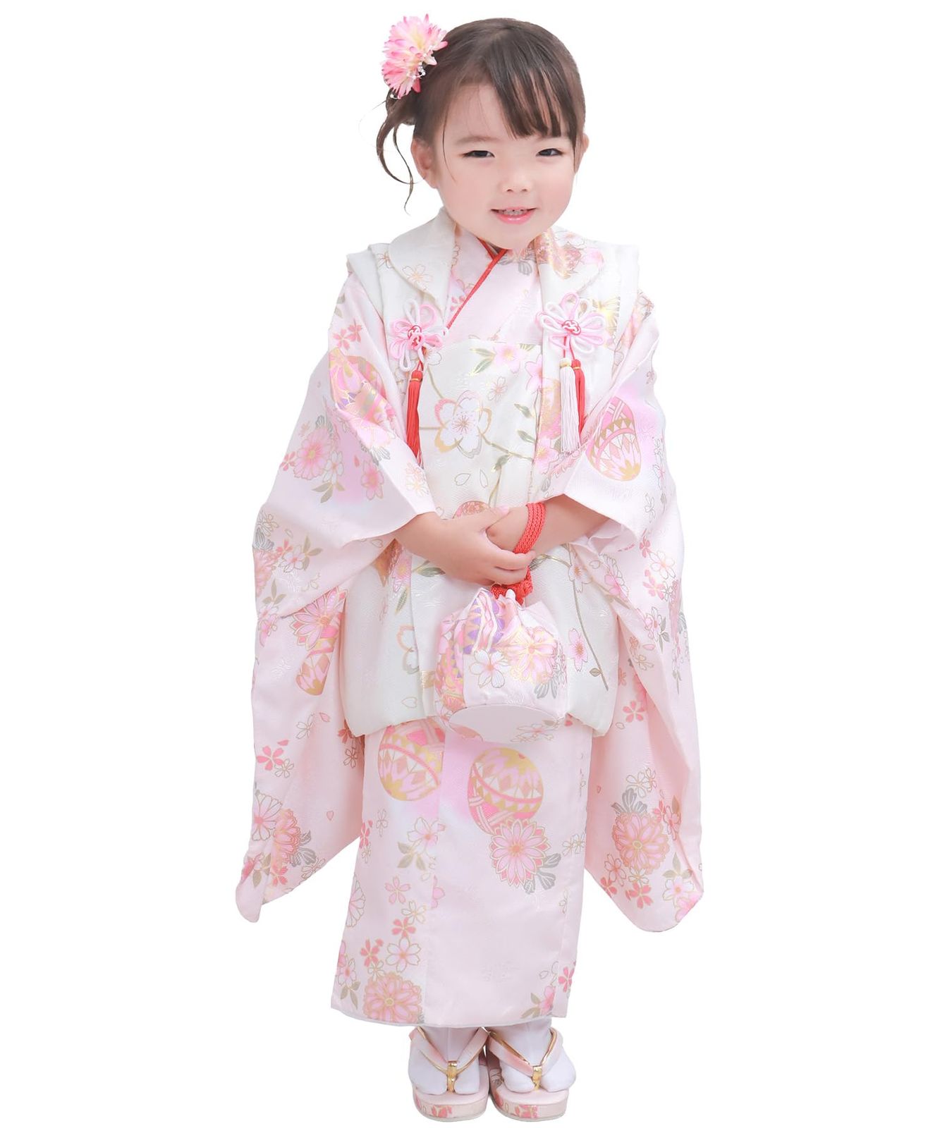 KYOETSU キョウエツ 七五三 3歳 女の子 着物 セット 被布 小物 フルセット 754 くすみ B 9.霞桃の鞠花しらべ