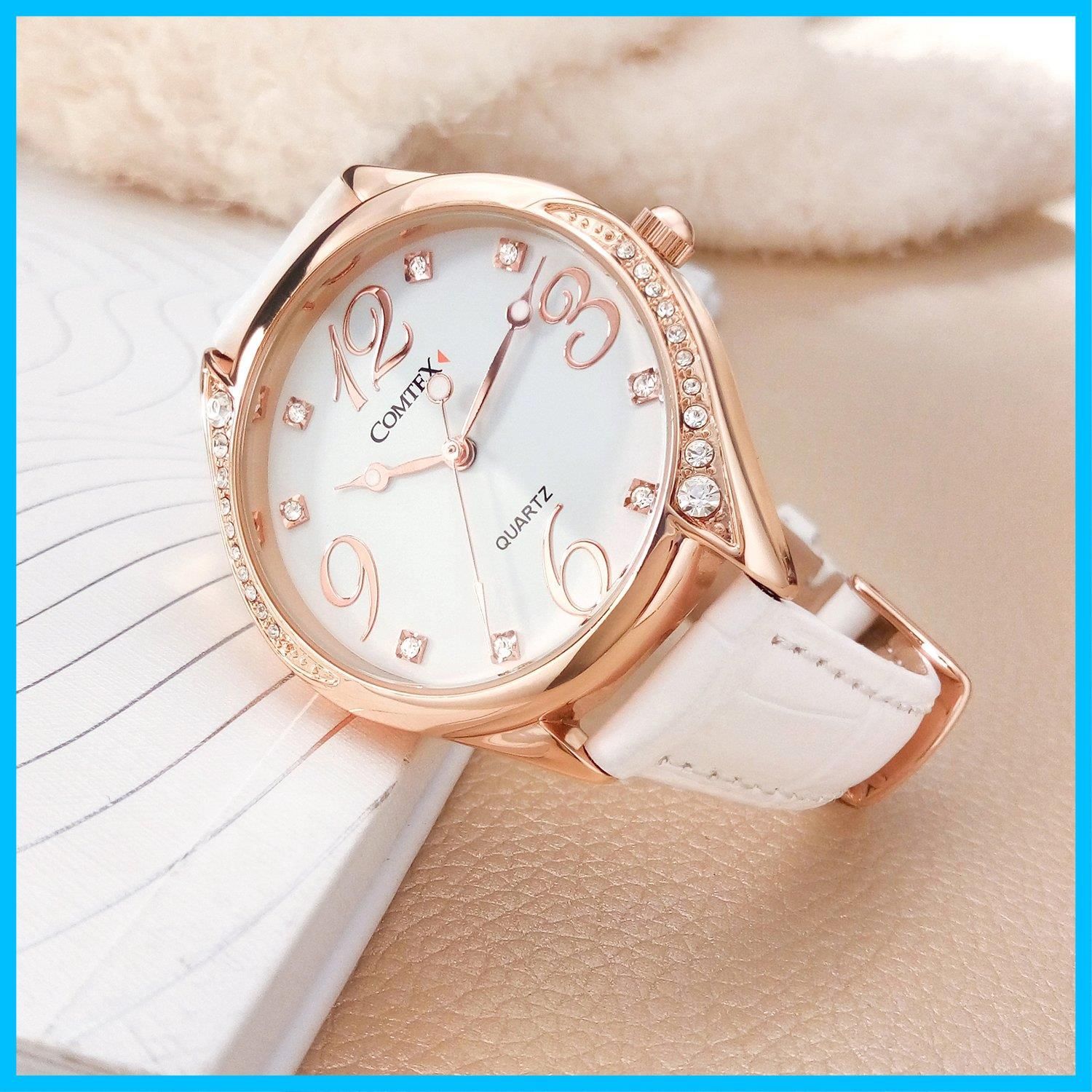 商品 バンド ウォッチ ホワイト皮革 ローズゴールド 腕時計 丸い 時計 Comtex レディース