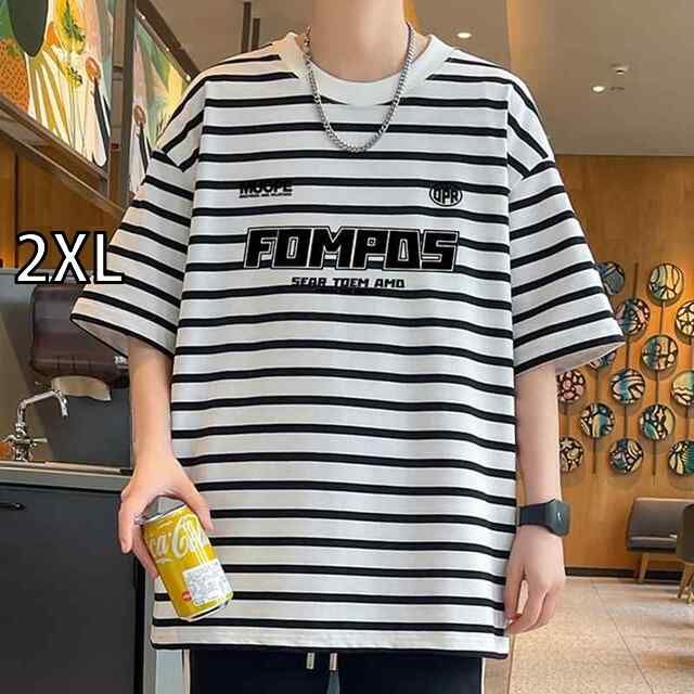 [2XL]メンズ ファッション 服 男性用 オシャレ シンプル 大人 かっこいい 大きいサイズ ストリート 紳士服 コントラスト ストライプ 半袖 夏 コットン 半袖 T シャツ カジュアル トップス スタ