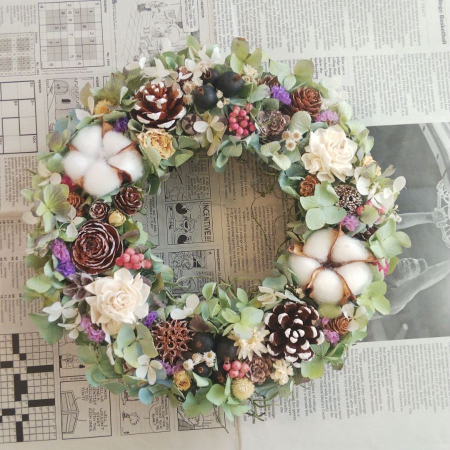 アンティーク✴︎コロンとした秋色紫陽花と木の実リース アンティーク✴︎コロンとした秋色紫陽花と木の実リース