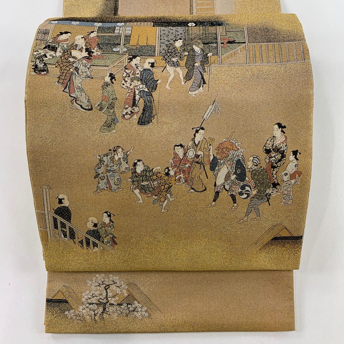 袋帯 名品 人物 箔 黄土色 お太鼓柄 正絹