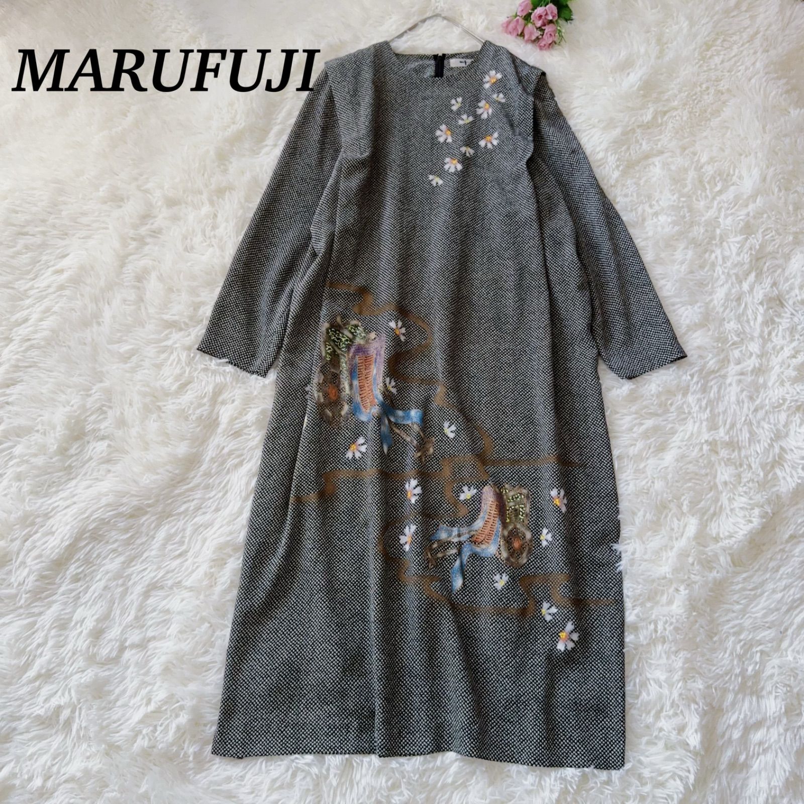 日本製 marufuli ｍf 丸藤 マルフジ 和柄 着物 ちりめん 和柄ロングワンピース 着物ワンピース お洒落 黒白 フォーマルワンピース 結婚式