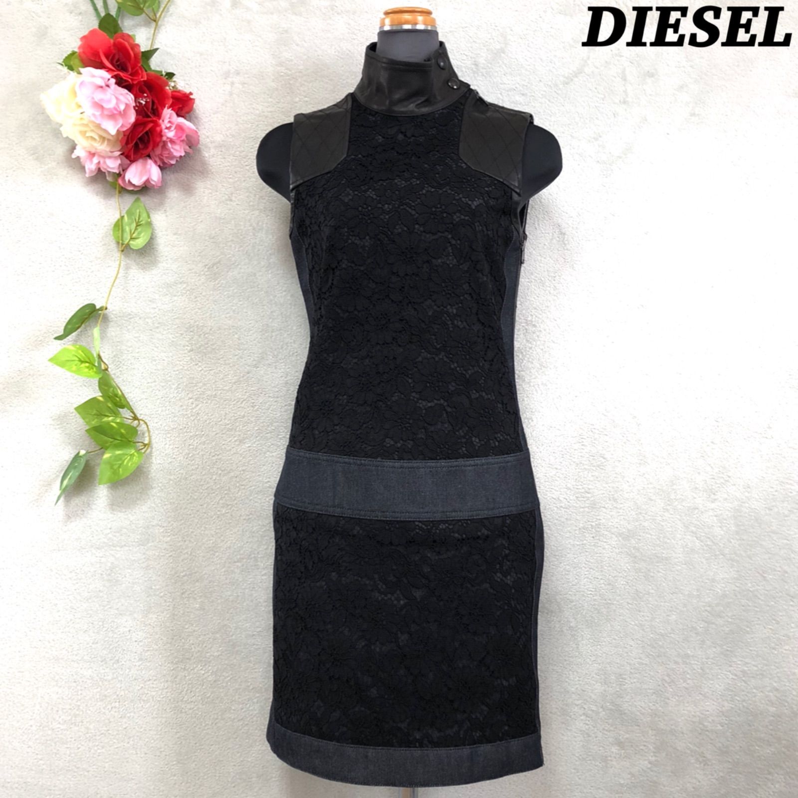 DIESEL デニムワンピース レザー切り替え レース 花柄