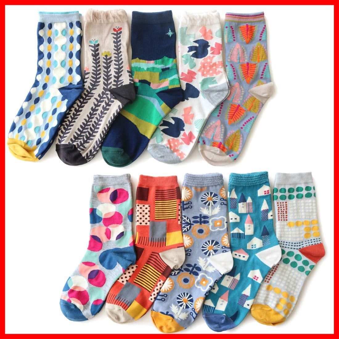 【特価商品】22-24cm くつした 女性用 10足セット 靴下 ハイクルー丈 北欧デザイン カラフルカラー ソックス レディース [box408]
