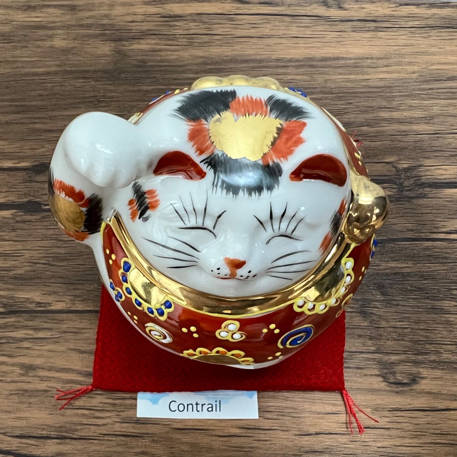 九谷焼】4号 招き猫 金三毛 座布団付 縁起物 置物 右手 金運 Kutani