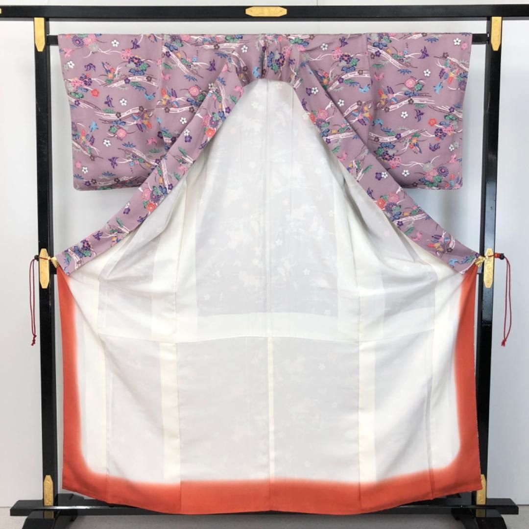 小紋 型染 鳥 花模様 薄紫色 しつけ糸 K-5279