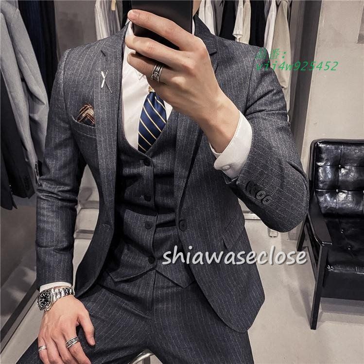 スーツメズおしゃれビジネススーツストライプカジュアルスーツ3ピーススーツフォーマルスーツスーツセットアップ洗える細身紳士服通勤結婚式