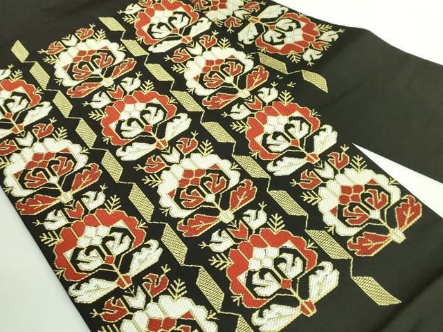 平和屋着物 上 西陣 川島織物 九寸名古屋帯 唐織 草花文 黒地 DZAA9534kh5
