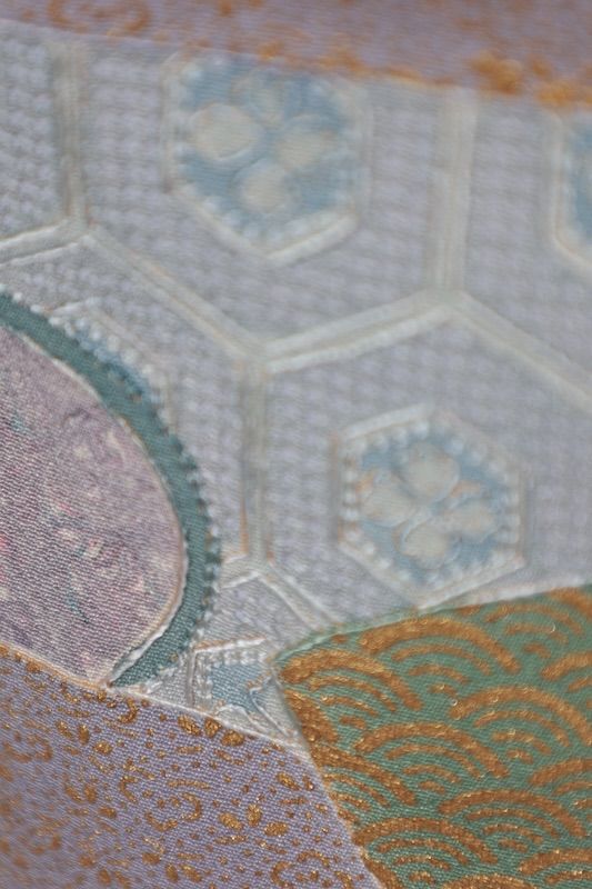 訪問着 グレー 紫 グリーン ゴールド 珊瑚朱 扇面 花 青海波 汕頭刺繍
