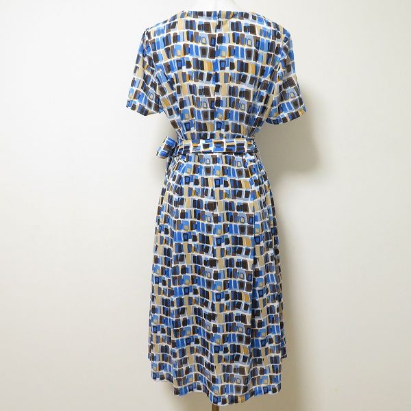 snc レリアン Leilian ワンピース 9 青 茶 黄色 半袖 総柄 ベルト紐付き インナー付き レディース 830590